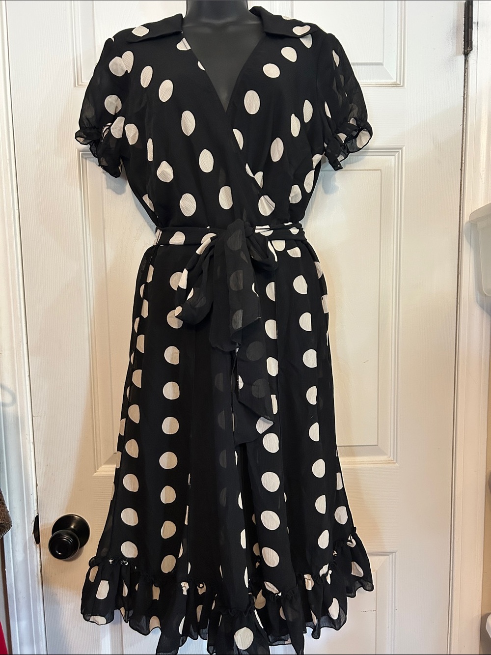 Sandra Darren Black and White Polka Dot Midi Dress